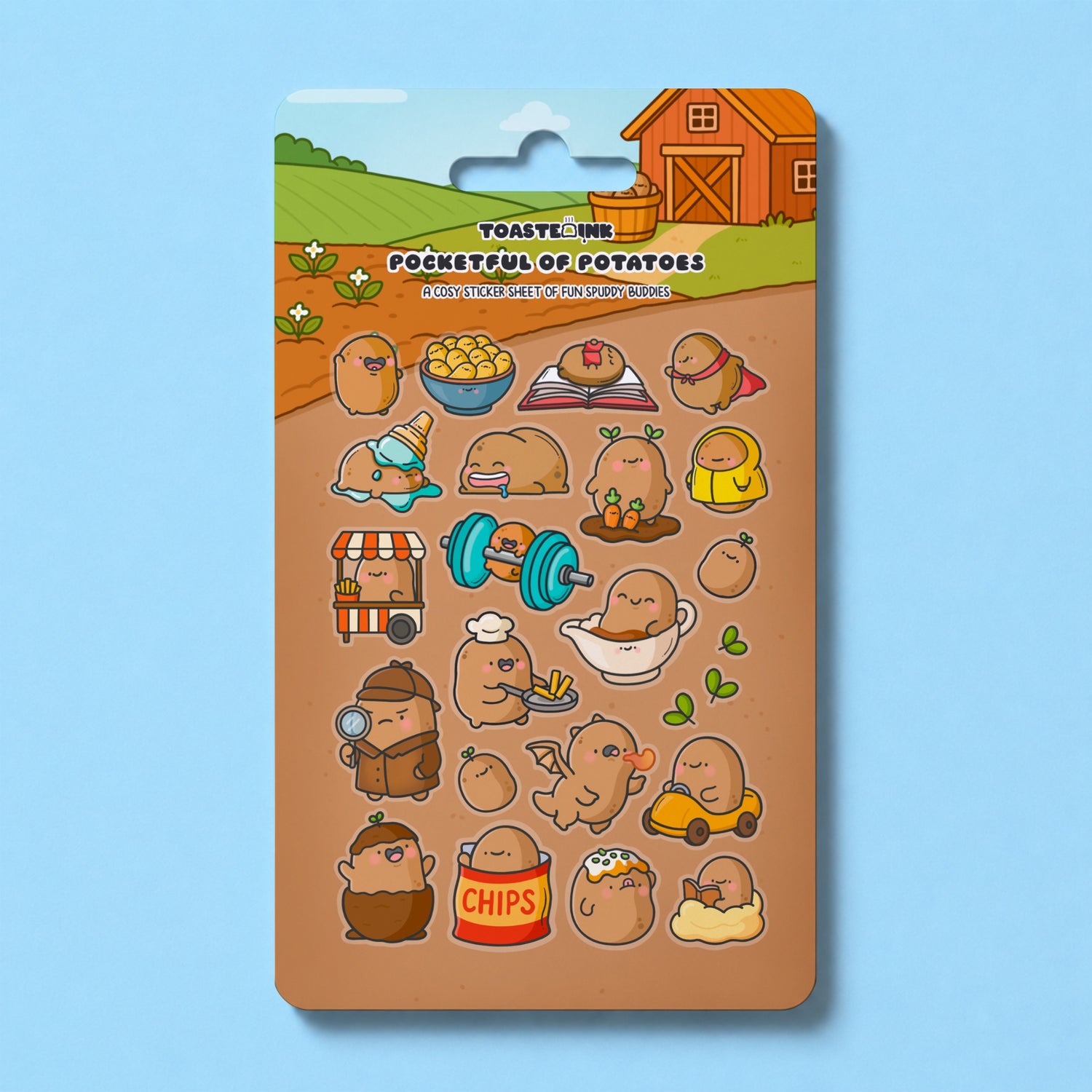 Pototo themed sticker sheet on blue background