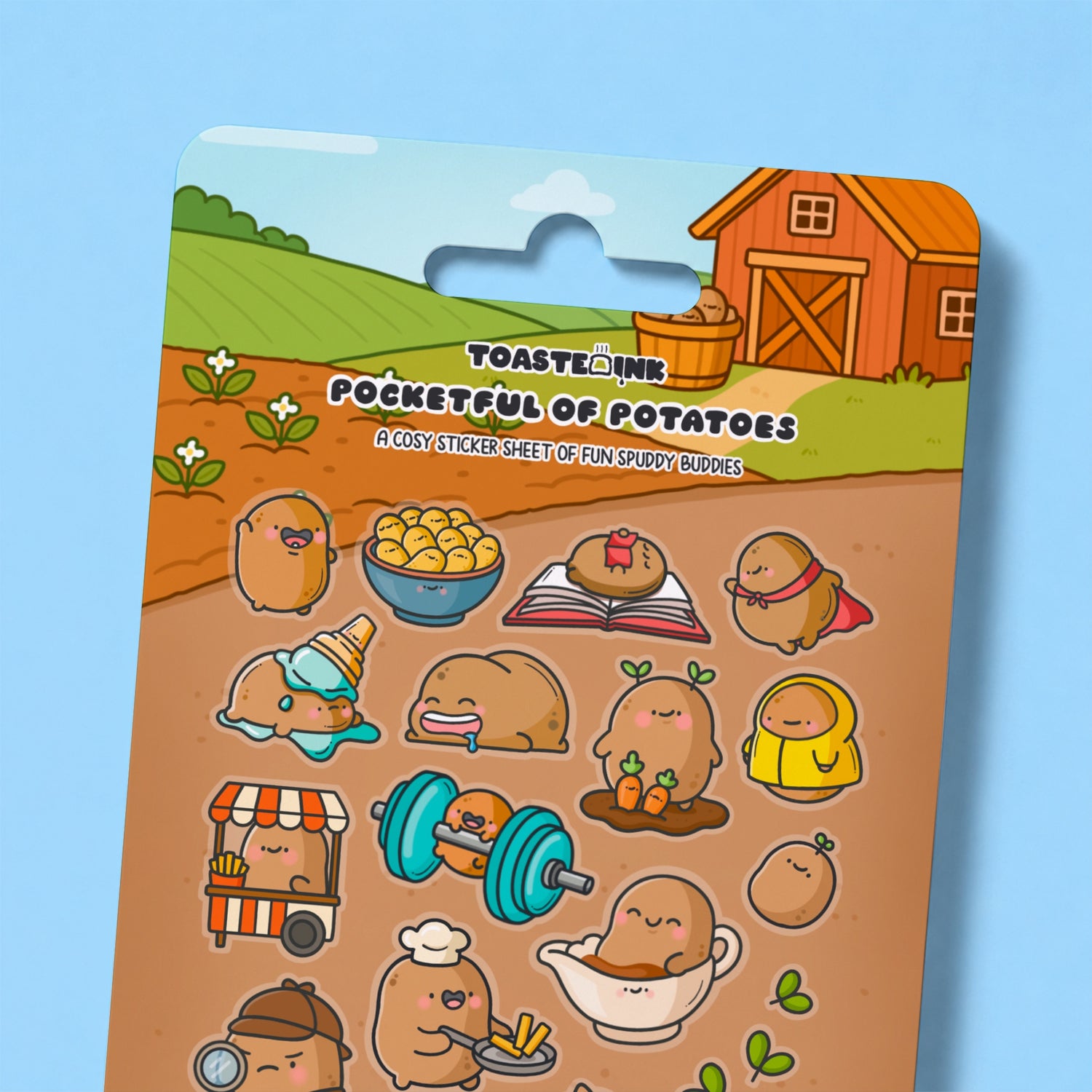 Close up of potato sticker sheet featuring whimsical sticker designs 
