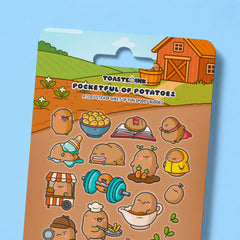 Close up of potato sticker sheet featuring whimsical sticker designs 