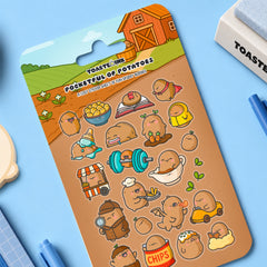 Potato sticker sheet placed on blue table with stationery scattered around