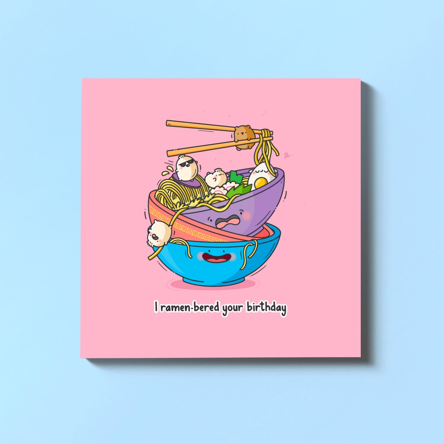 Ramen birthday card on blue table