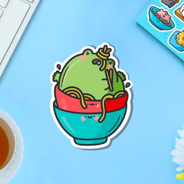 Ramen frog vinyl sticker on blue table