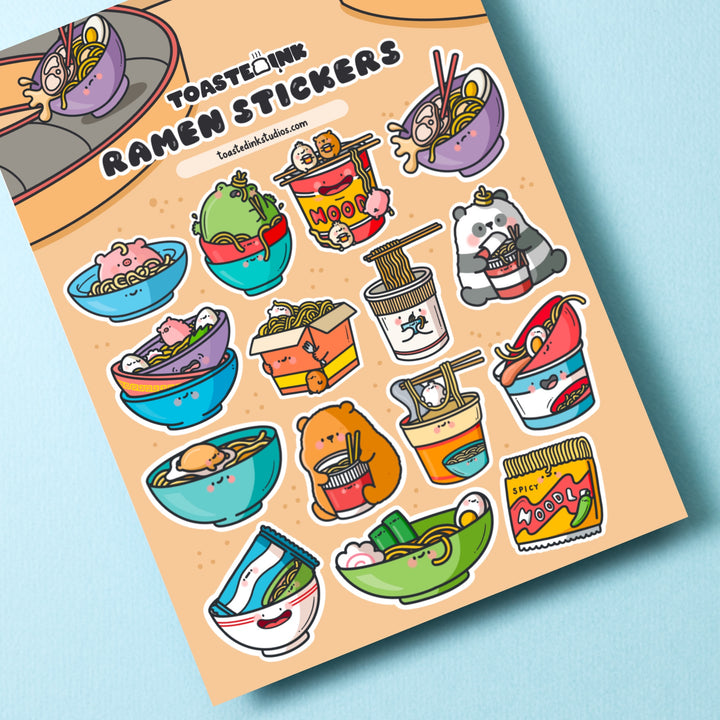 Ramen Noodles Sticker sheet close up on blue table