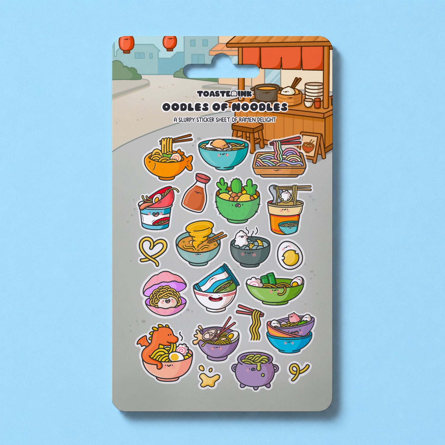 Ramen noodles sticker sheet on blue desk background
