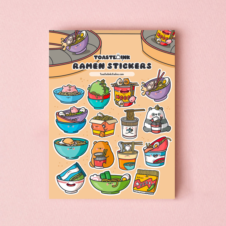 Ramen Noodles Sticker sheet on pink table