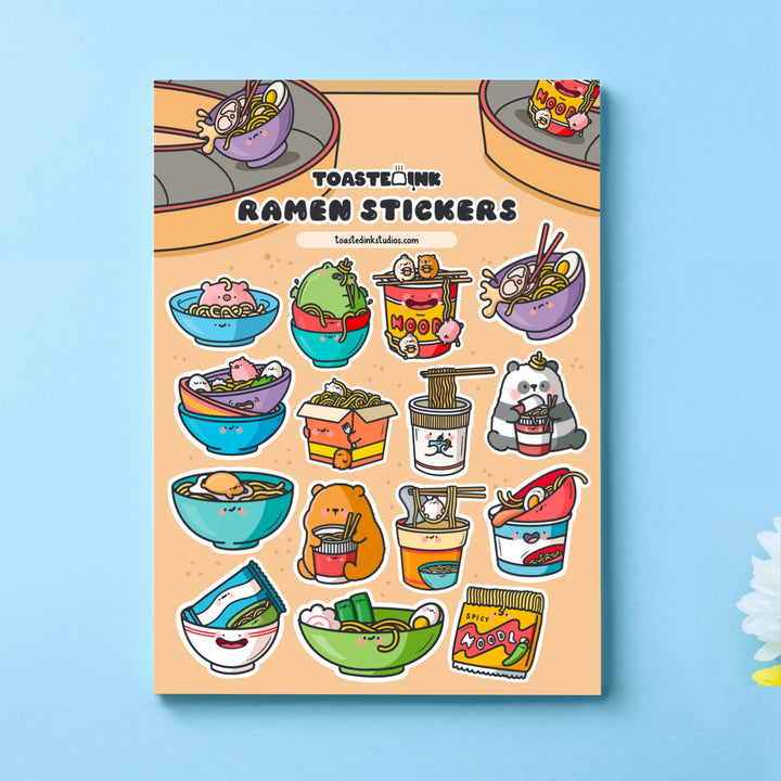 Ramen Noodles Sticker sheet on blue background