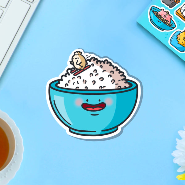 Rice Bowl with dumpling skiing vinyl sticker on blue table