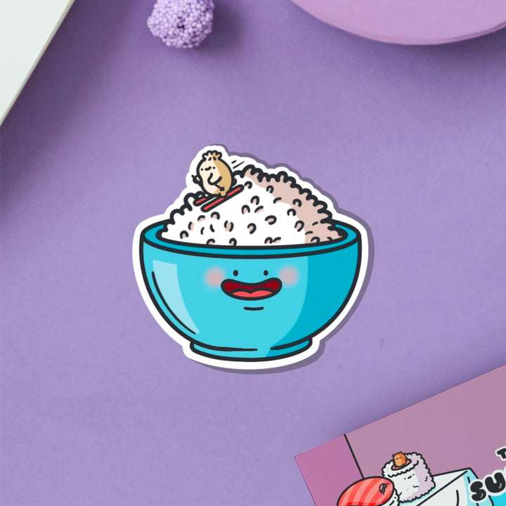 Rice Bowl with dumpling skiing vinyl sticker on purple table