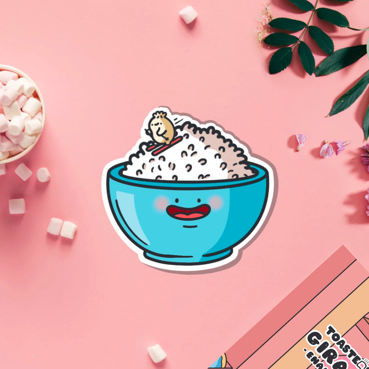 Rice Bowl with dumpling skiing vinyl sticker on pink table