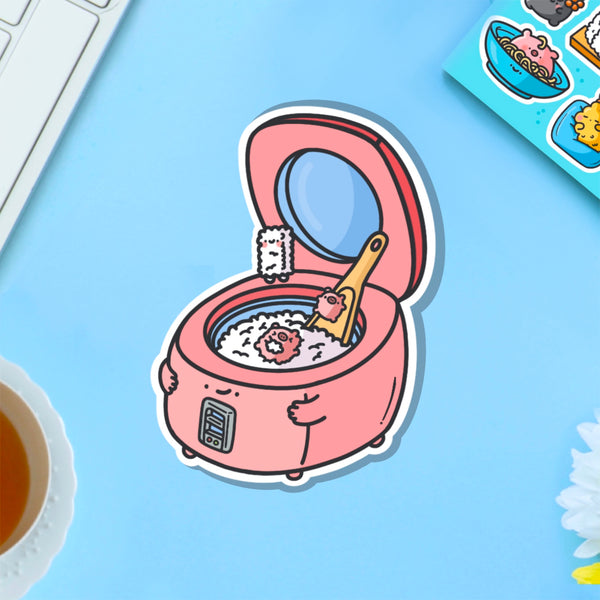 Rice cooker vinyl sticker on blue table