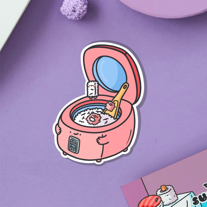 Rice cooker vinyl sticker on purple table