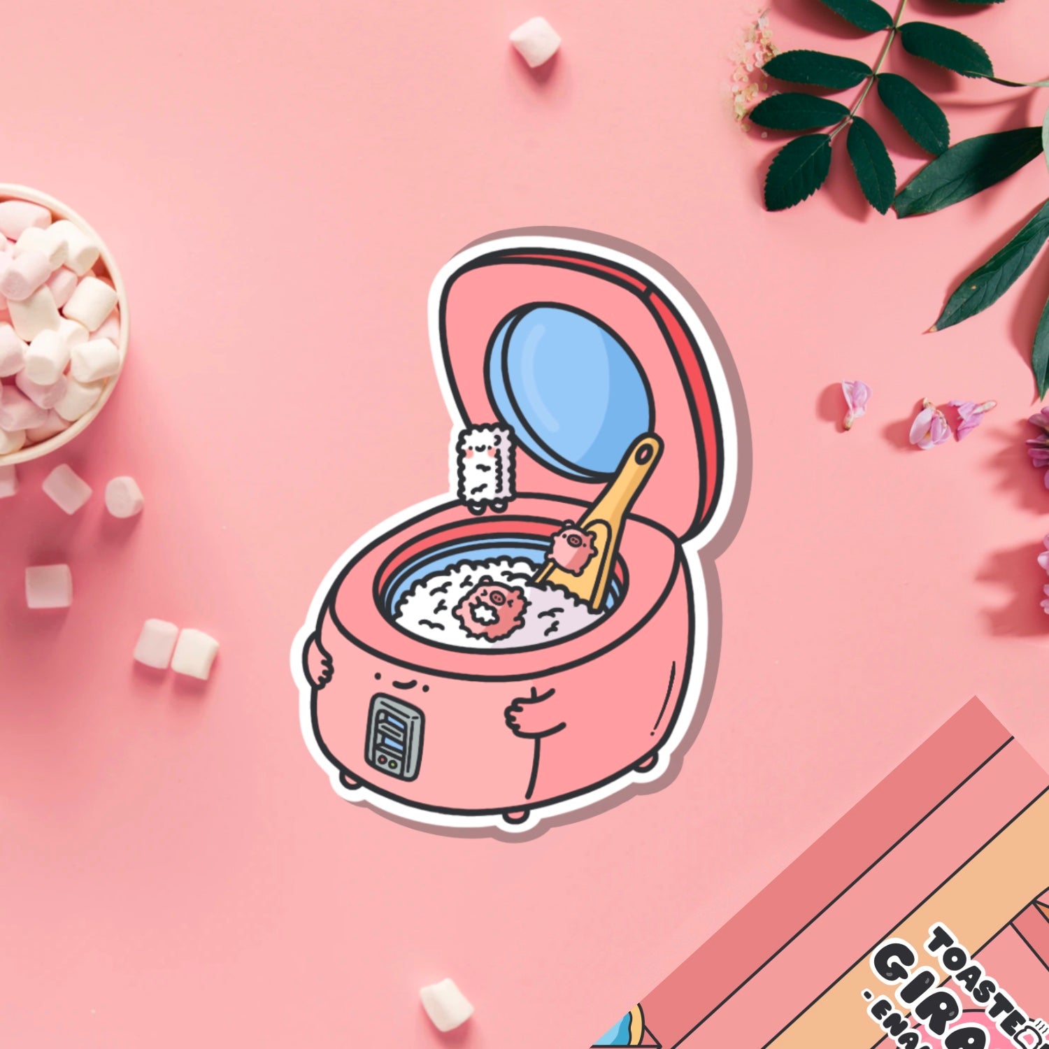 Rice cooker vinyl sticker on pink table