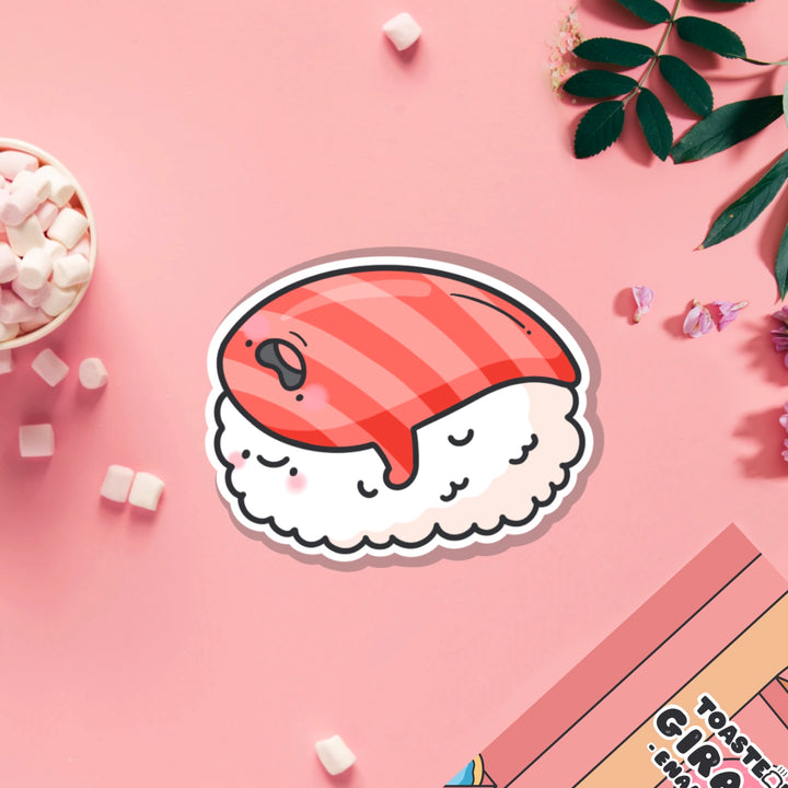 salmon sushi vinyl sticker on pink table