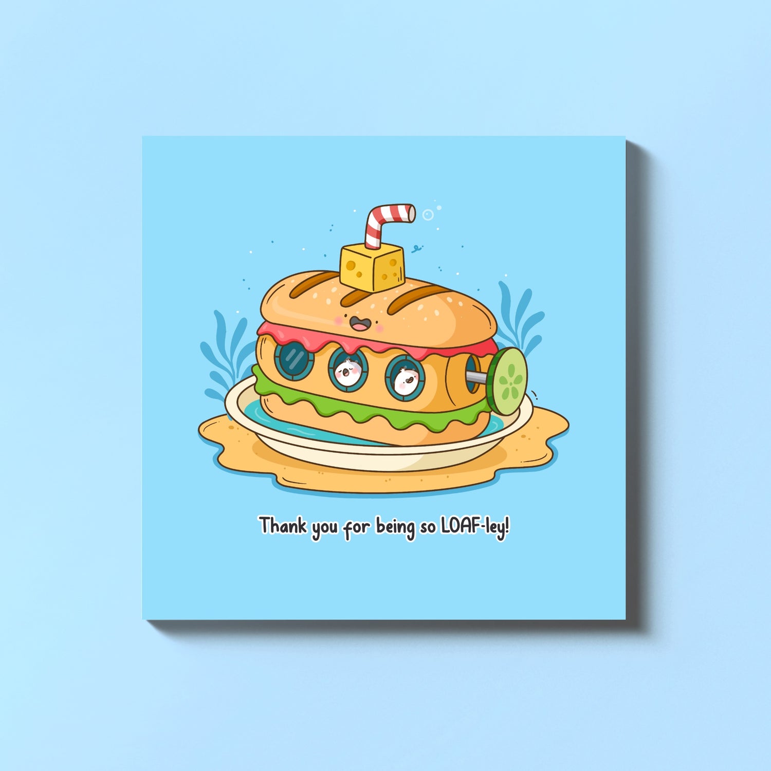 Sandwich thank you card on blue table