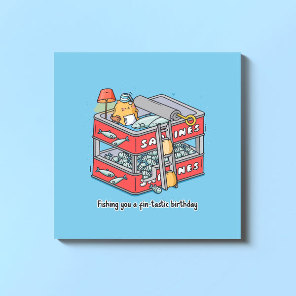 Sardines Birthday Card on blue table