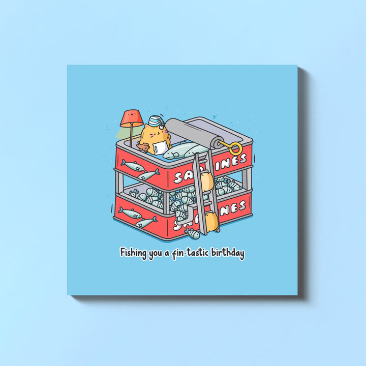 Sardines Birthday Card on blue table