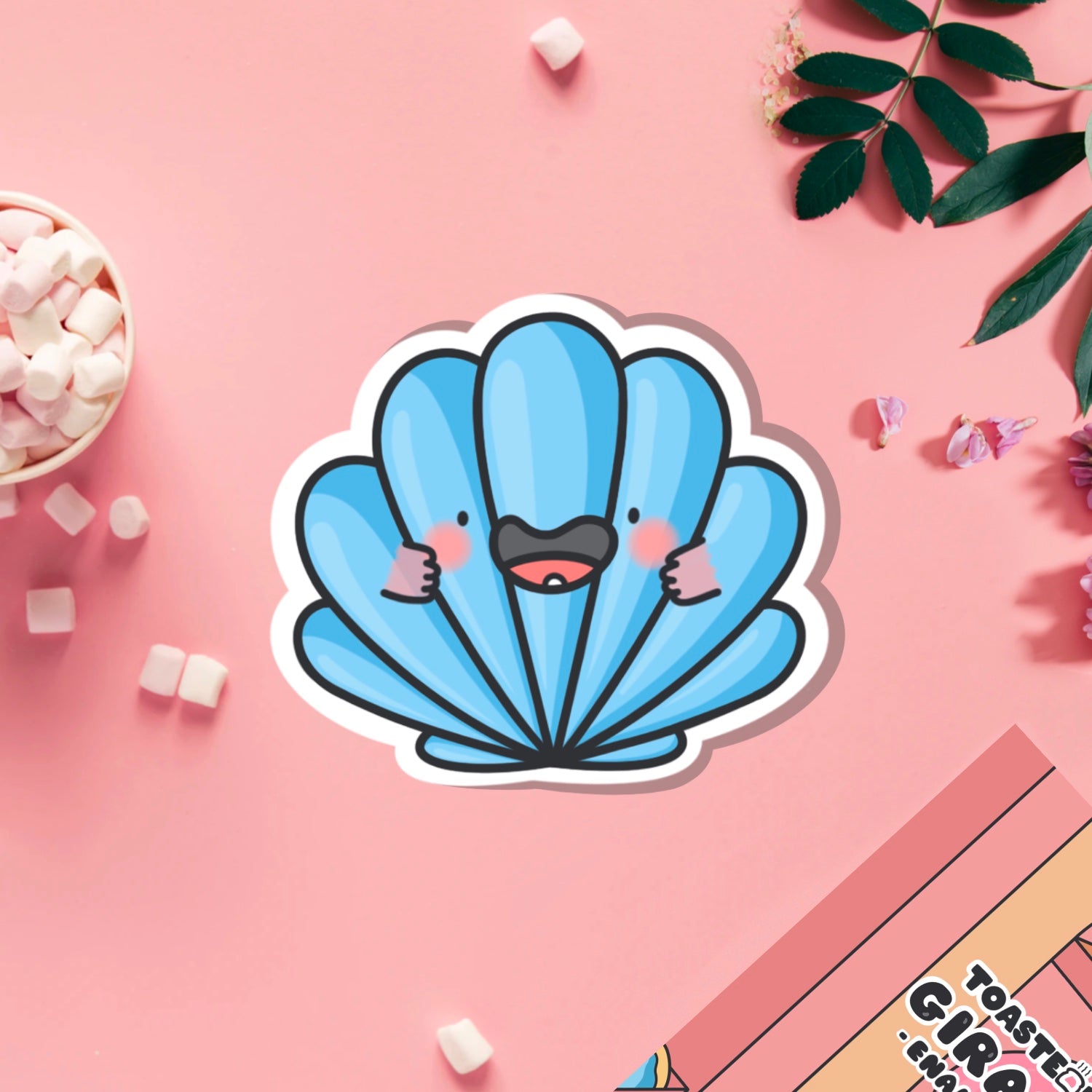 sea shell vinyl sticker on pink table