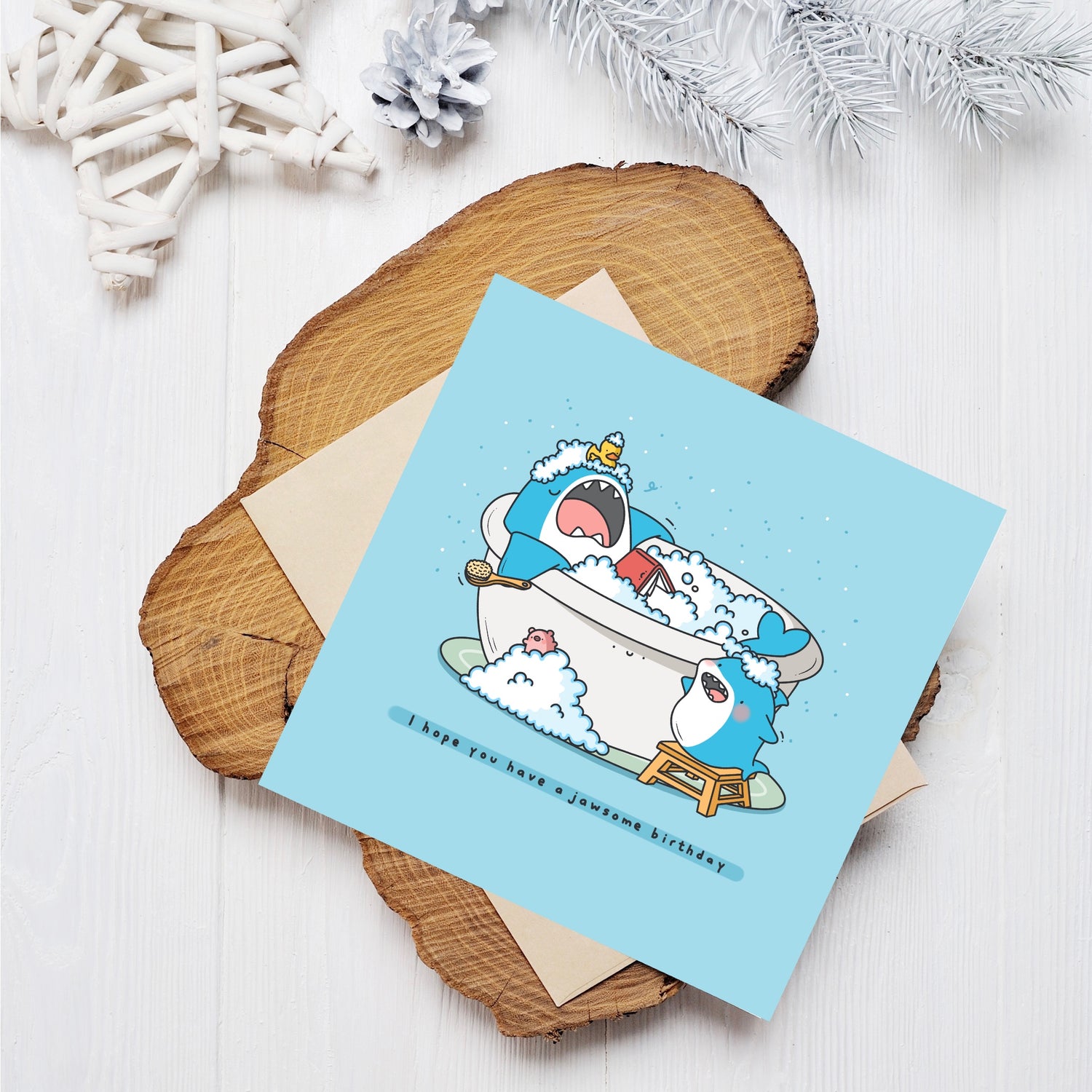 Shark card on wooden block