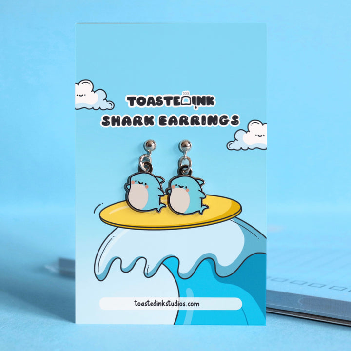 Shark Earrings on surfing backing card