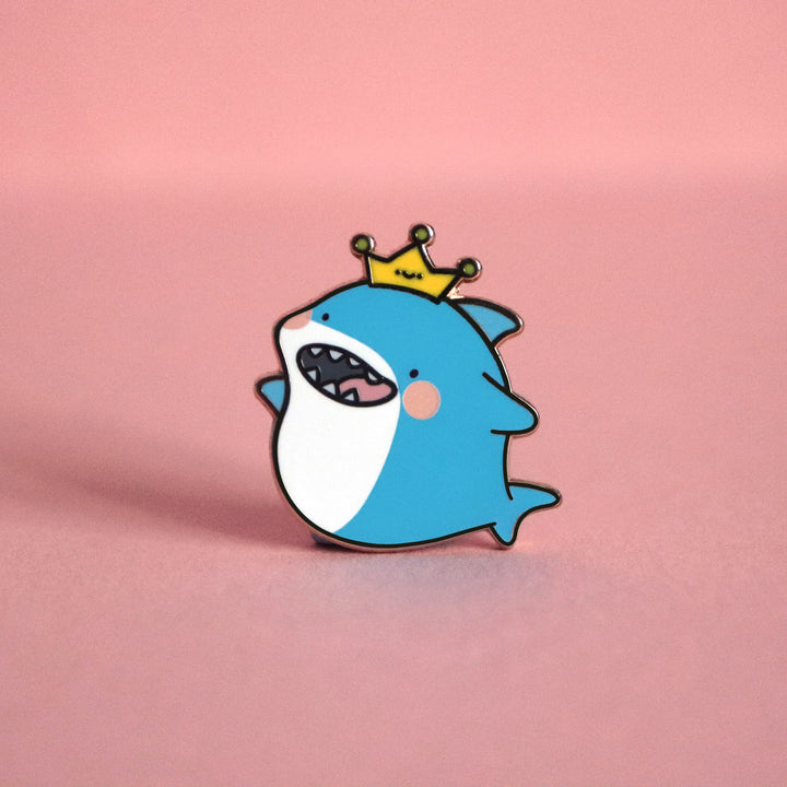 Shark Enamel Pin on pink table