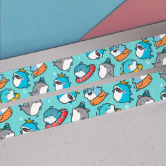 Blue shark print washi tape on notebook