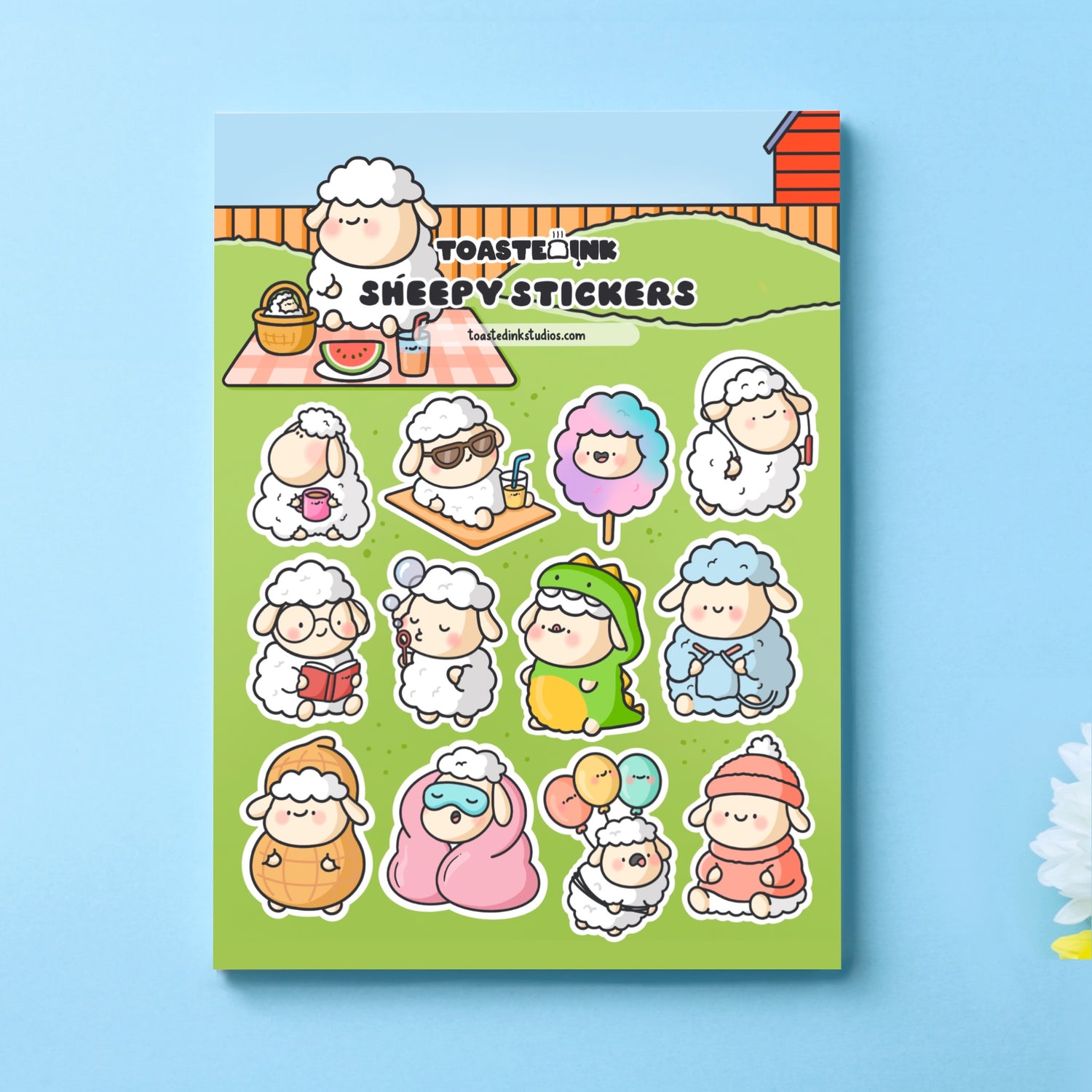 Sheep sticker sheet on blue table