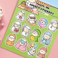 Sheep stickers on pink desk with marshmallows