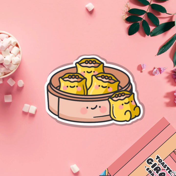 Siu Mai vinyl sticker on pink table