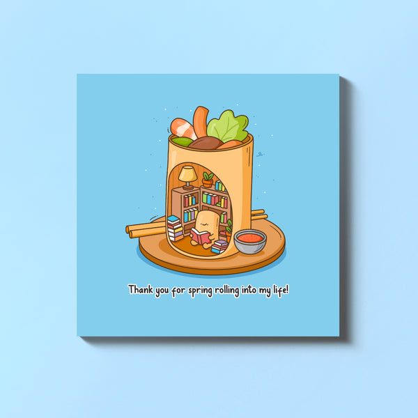 Spring Rolls Library Card on blue background