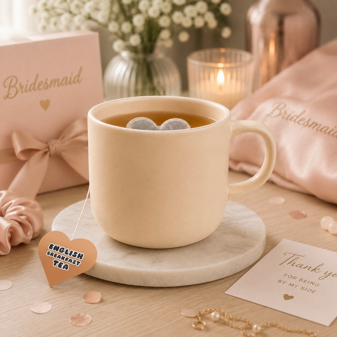 Heart Shaped Tea with Mug and English Breakfast tag and bridesmaids setting