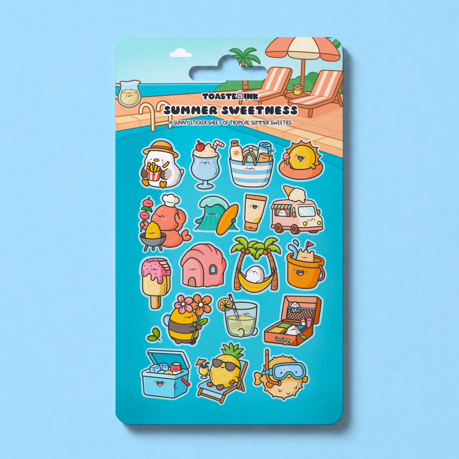 Summer sticker sheet on blue background with whimsical summer illustrations