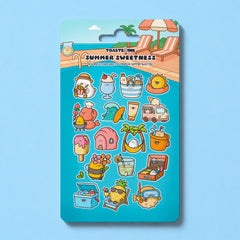 Summer sticker sheet on blue background with whimsical summer illustrations