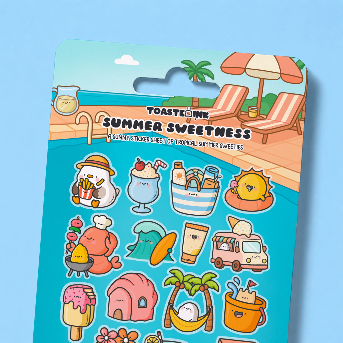 Close up of summer sticker sheet on blue desk