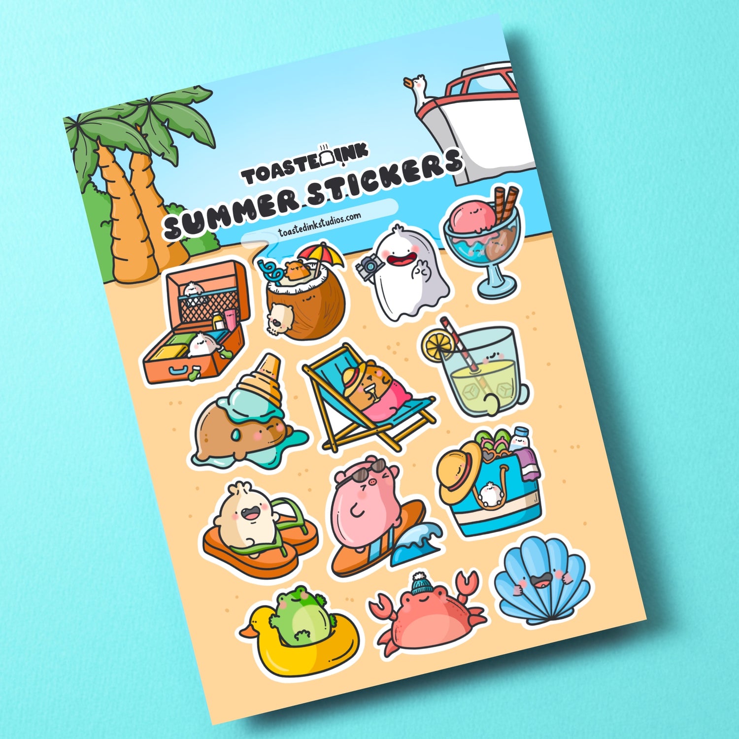 Summer sticker sheet on green desk