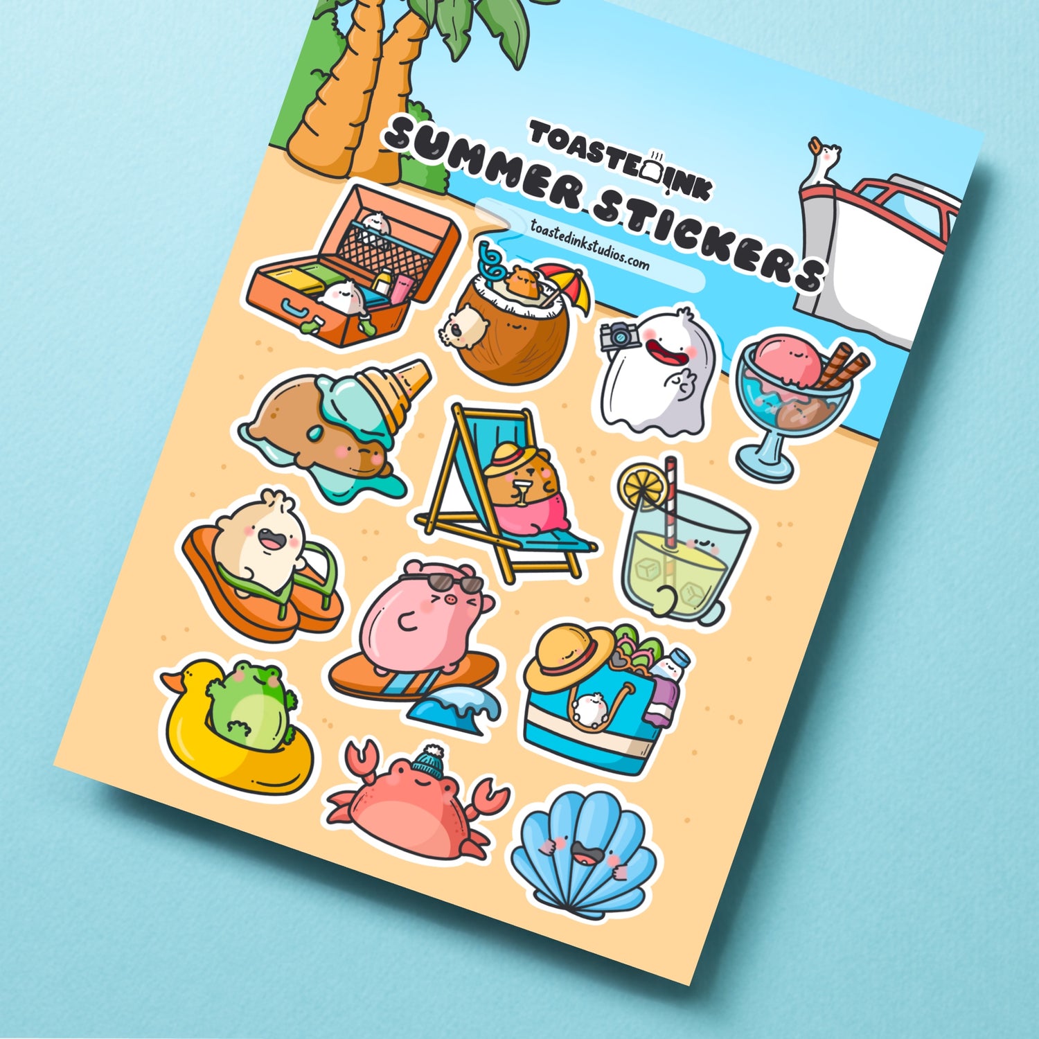 Summer stickers on blue desk