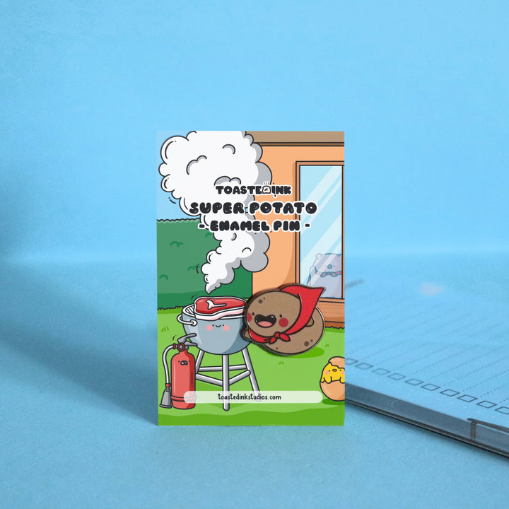 Super Potato enamel pin on barbecue backing card