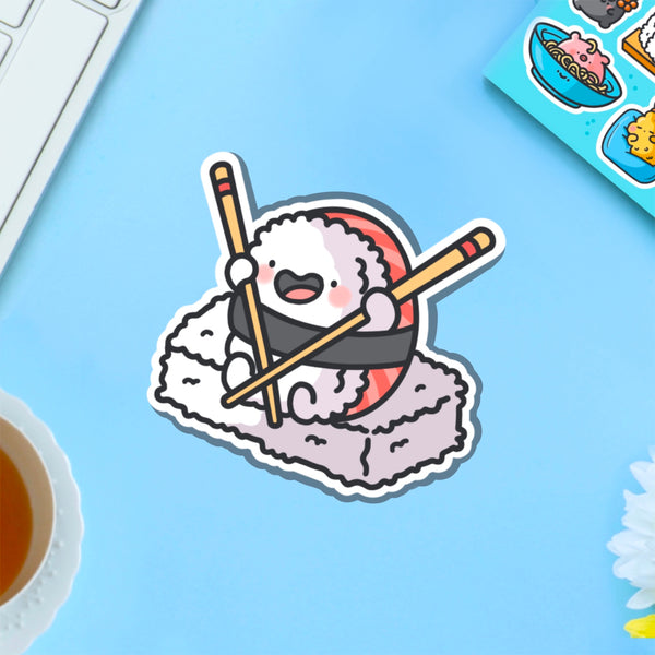 sushi holding chopsticks vinyl sticker on blue table