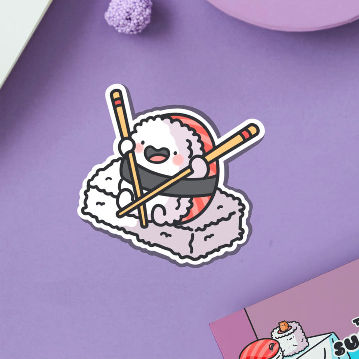 sushi holding chopsticks vinyl sticker on purple table