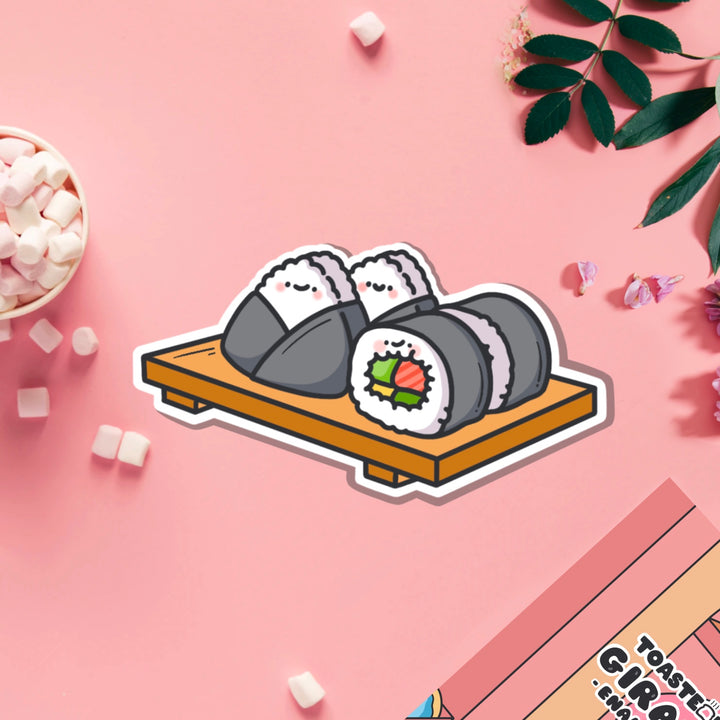 Sushi plate vinyl sticker on pink table