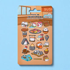 Sushi sticker sheet featuring whimsical sushi designs laid on a blue background