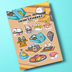 Sushi sticker sheet on green table