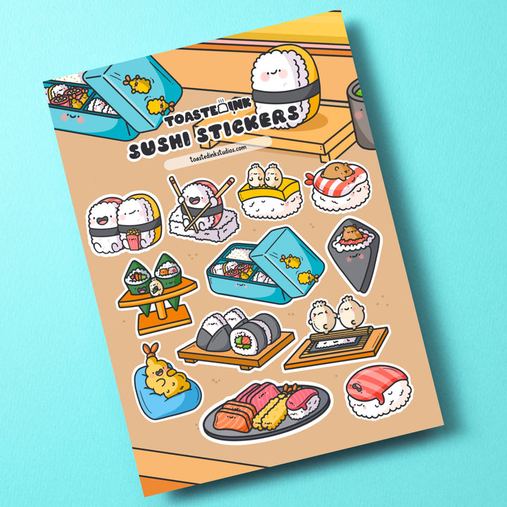 Sushi sticker sheet on green table