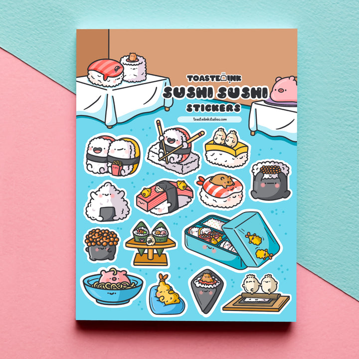 Sushi Sticker sheet on green and pink background