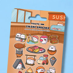 Close up of whimsical sushi sticker sheet