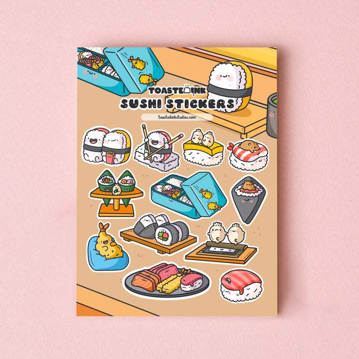 Sushi sticker sheet on pink table