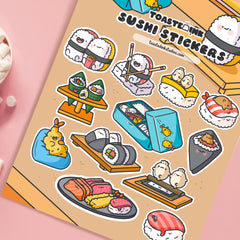 Sushi sticker sheet n pink table close up