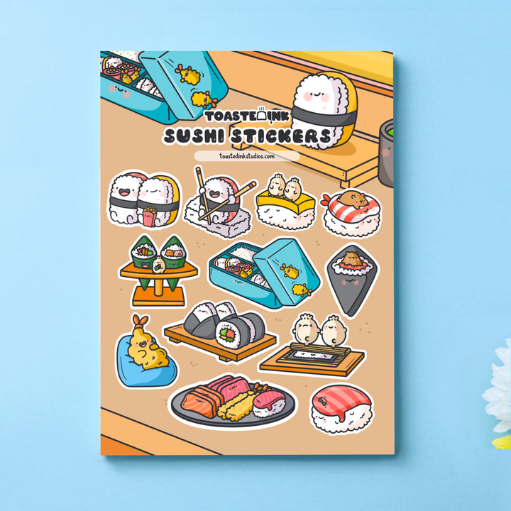 Sushi sticker sheet on blue table