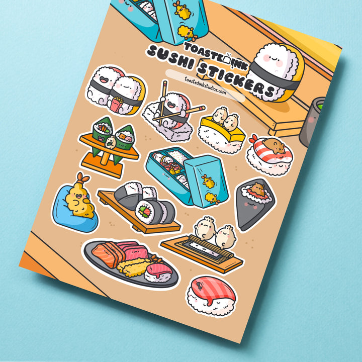 Sushi sticker sheet on blue table close up