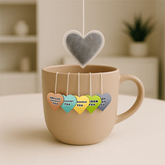 Heart-shaped tea bags hanging over a beige mug with flavour tags