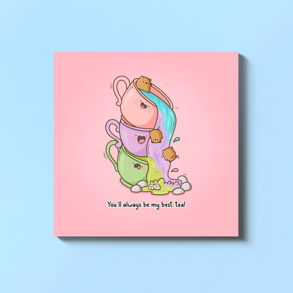 Tea bears card on blue table